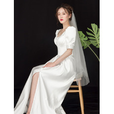 Pretty Scoop Neckline Satin Wedding Dresses with Puff Sleeves and Button Detail