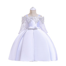 Pretty Appliques Off-The-Shoulder Satin First Holy Communion Dresses with 3/4 Length Lace Sleeves
