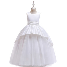 Pretty Ruched Beaded Waist Satin First Holy Communion Dresses with Hi-low Over Skirt