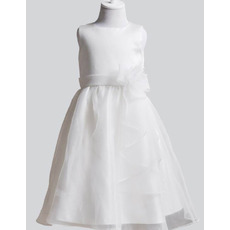 Simple Full Length Organza Satin First Holy Communion Dresses with Hand-made Flowers