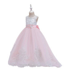 Princess Beaded Appliques Full Length First Communion Dresses with Illusion Open Back