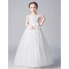 Beautiful A-line Off-The-Shoulder Satin Tulle First Communion Flower Girl Dresses with Floral Appliques