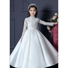 Luxurious Beading Appliques Satin First Communion Flower Girl Dresses with Long Sleeves