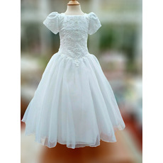 Pretty Princess Ball Gown Appliques Beading Organza First Communion Dresses with Puff Sleeves