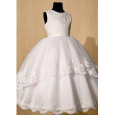 Affordable Appliques Ball Gown Satin Tulle First Communion Dresses with Layered Skirt