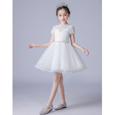 Lovely Crew Neck Short Flower Girl/ Communion Dresses with Lace Bodice and Organza Skirt