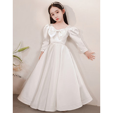 Charming Square Neck Pleated Satin Flower Girl/ Communion Dresses with Long Puff Sleeves
