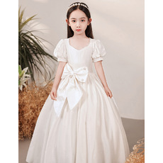 Pretty Ball Gown Beaded Neck Pleated Satin Flower Girl/ Communion Dresses with Short Puff Sleeves