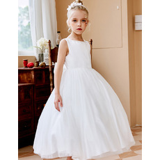 Simple Ball Gown Beaded Neck Pleated Tulle Flower Girl/ Communion Dresses with Bowknot Back