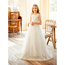 Affordable A-line Appliques Tulle Flower Girl/ Communion Dresses with Strappy Back