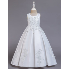 Princess Ball Gown White Satin Flower Girl/ Communion Dresses with Beading Appliques