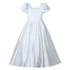 Simple A-line Square Neckline Satin Flower Girl/ Communion Dresses with Short Bubble Sleeves