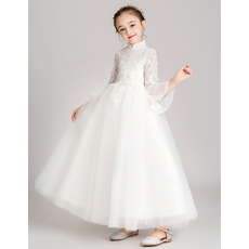 Discount High Neckline Lace Tulle Flower Girl/ Communion Dresses with Beading Appliques Bodice