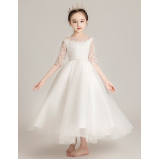 Simple A-line Ankle-length Lace Tulle Flower Girl/ Communion Dresses with Half Sleeves
