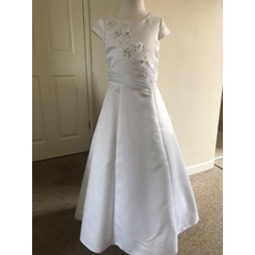 Pretty A-line Beaded Appliques Satin Flower Girl/ Communion Dresses with Cap Sleeves