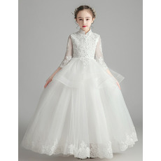 Gorgeous Beading Appliques Tulle Flower Girl/ Communion Dresses with 3/4 Length Sleeves