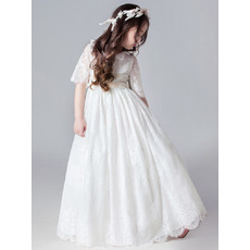 Pretty Ruffled Neckline Lace Flower Girl/ Communion Dresses with Half Sleeves and Sashes