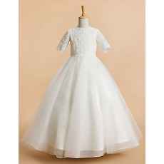 Gorgeous Beaded Appliques Satin Organza Flower Girl/ Communion Dresses with Half Sleeves