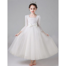 Discount Ankle-length Tulle Flower Girl/ Communion Dresses with 3/4 Length Sleeves
