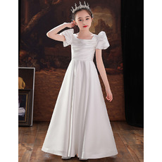 Simple A-line Square Neckline Satin Flower Girl/ Communion Dresses with Short Puff Sleeves