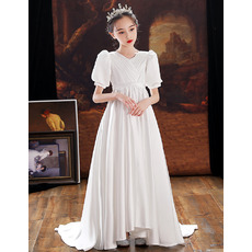Simple A-line Long Length Pleated Satin Flower Girl/ Communion Dresses with Short Puff Sleeves