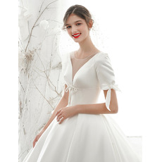 Princess Ball Gown Illusion Neckline Satin Wedding Dresses with Short Sleeves