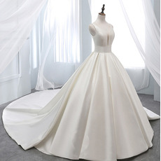Simple Deep V-neck Court Train Satin Wedding Dresses with Pleated Ball Gown Skirt