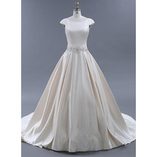 Plunging Scoop Back Court Train Satin Wedding Dresses with Beading Embroidered Waist