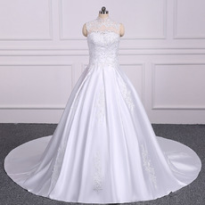 Classy High Neckline A-line Satin Wedding Dresses with Beaded Appliques Detail