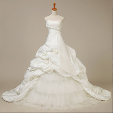 Princess Taffeta Tulle Wedding Dresses with Pick-up Layered Skirt and Hand-made Flowers Detail