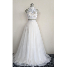 Exquisite High Neckline Two-piece Wedding Dresses with Beading Embellished Bodice and Tulle Skirt