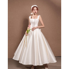 Elegantly Ankle-Length Satin Wedding Dresses with Low Back and Big Bowknot