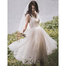 Perfect V-neck Tea-Length Tulle and Lace Summer Beach Wedding Dresses