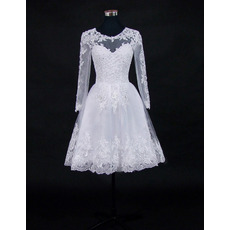 Beautiful Beading Appliques Knee Length Tulle Wedding Dresses with Long Illusion Sleeves