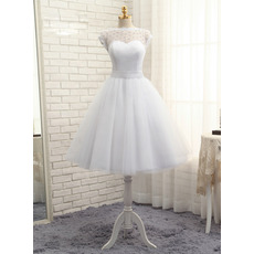 Pretty Crystal Illusion Neckline Tea Length Tulle Wedding Dresses
