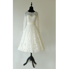 Elegant Low V-back Tea-Lenght Lace Wedding Dresses with Long Sleeves