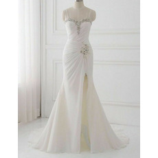 Shimmering and Dazzling Beading Crystal Embellished Chiffon Beach Wedding Dress with Slit Skirt