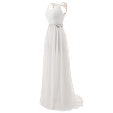 Eye-catching Pleated Chiffon Beach Wedding Dress with Beading Crystal Waist and Open Back