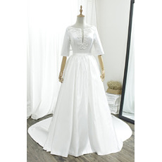 Elegant Pearl Embellished Court Train Satin Wedding Dress with Half Sleeves and Stunning V-back