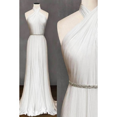 Brilliant Halter-neck Pleated Chiffon Beach Wedding Dress with Crystal Beaded Belt