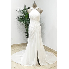 Simple Ruched Bodice Court Train Chiffon Beach Wedding Dress with Slit Front Skirt