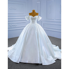 Gorgeous Crystal Beading Embellished Ball Gown Off-The-Shoulder Satin Wedding Dress
