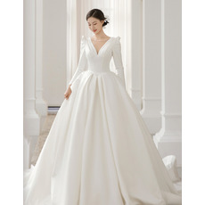 Concise A-Line Stunning Illusion Back Satin Wedding Dresses with Long Puff Sleeves and Pockets