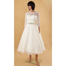 Inexpensive A-line Tea-Length Pleated Organza Skirt Wedding Dress with Half Sleeves