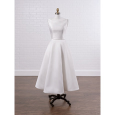 Simple A-line Scoop Neckline Tea-length Satin Wedding Dress with Daring Open Back