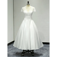 Pretty V-neckline Tea-length Lace Bodice Wedding Dress with Cap Sleeves