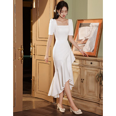 Clean and Modern Square Neckline High Low Asymmetrical Hem Wedding Dress with Short Sleeves
