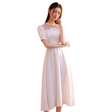 Simple Jewel Neckline Tea-length Satin Wedding Dress with Short Sleeves