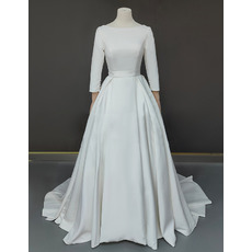 Plunging Scoop Back A-line Spring Satin Wedding Dresses with Three-quarter Sleeves
