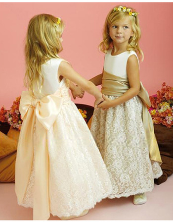 A-line Round Neckline Ankle-length Satin Lace Flower Girl Dresses for Wedding with Big Bowknot